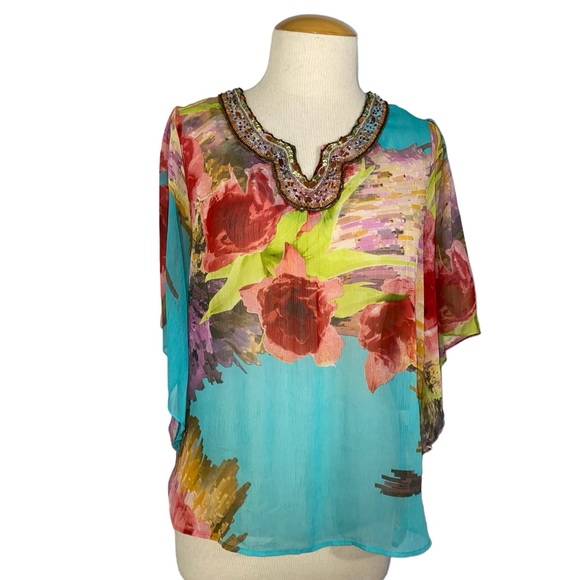 Mushka Sienna Rose XL Floral Sheer Top Elbow Length Sleeves Sequin Neckline NWT - Picture 9 of 12